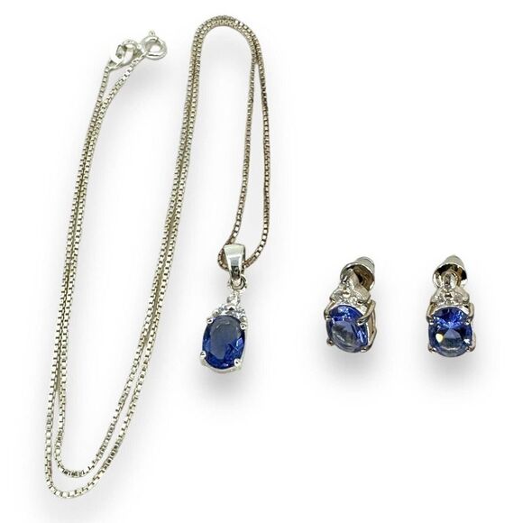 Sterling Silver Blue Cubic Zirconia Necklace and Earrings - Picture 2 of 8